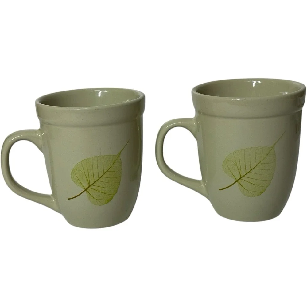 Pier 1 Aspen Mug Green‎ Leaf Stoneware Coffee Tea Set of 2